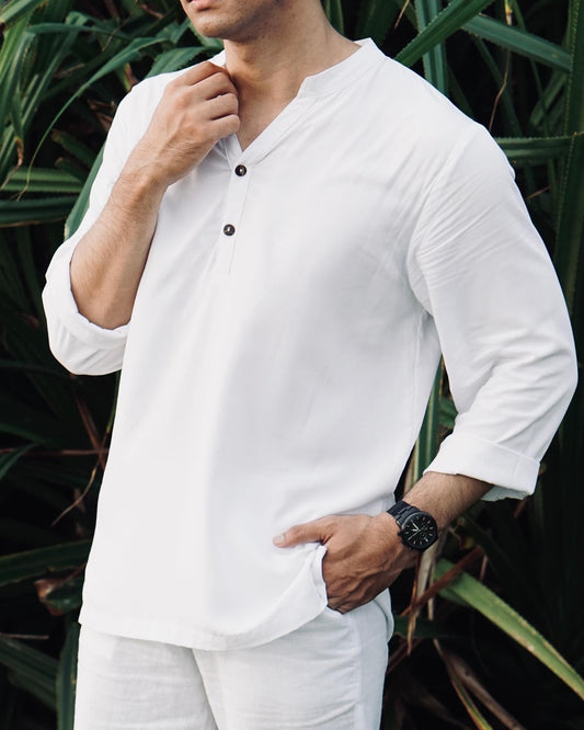 Seminyak Rayon Long Sleeve Shirt - White & Black