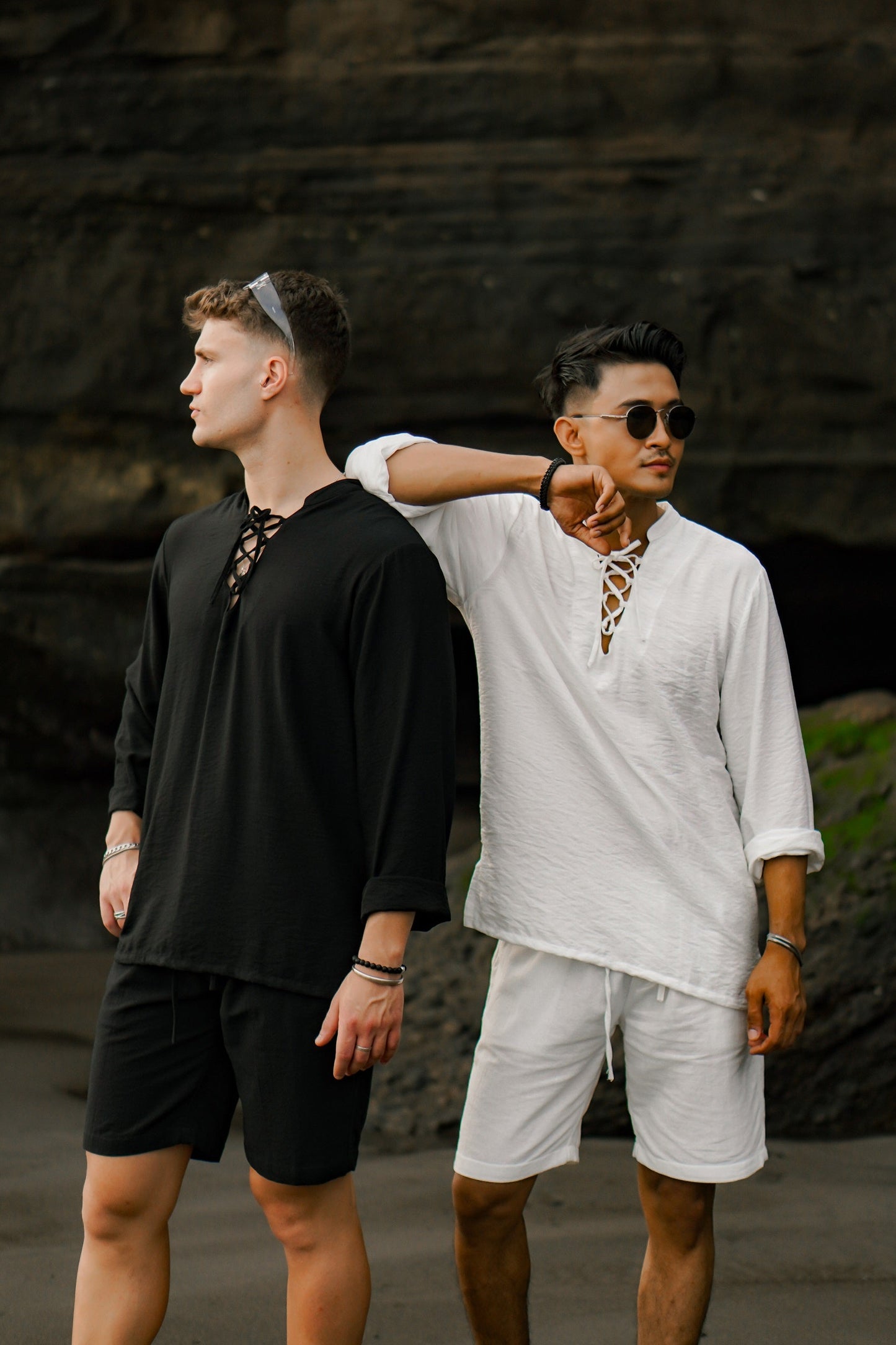 Kemeja Polo Tali Linen Lengan Panjang - Putih Rusak