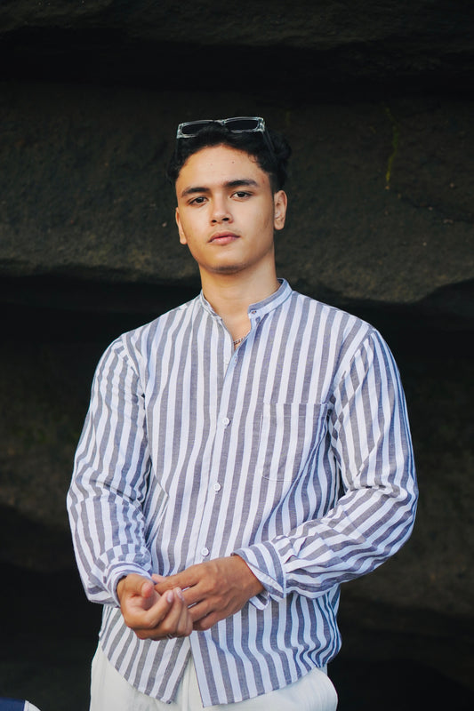 Kemeja Lengan Panjang Mandarin Garis Katun Fuji - Hitam Lembut