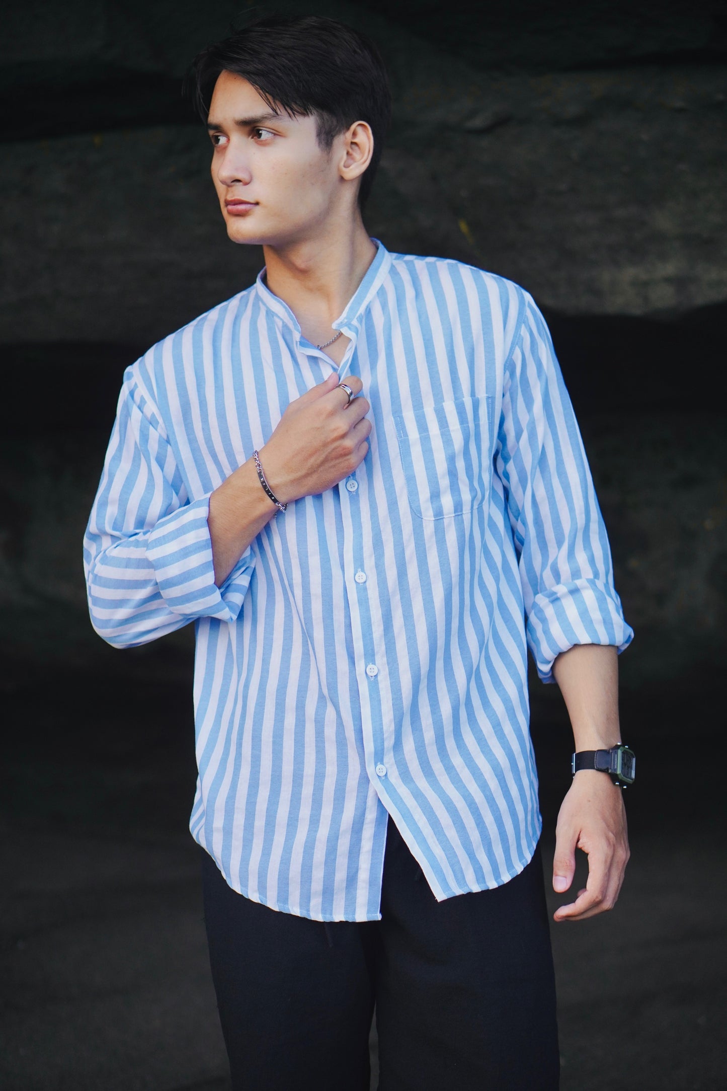 Fuji Cotton Stripes Mandarin Long Sleeve Shirt
