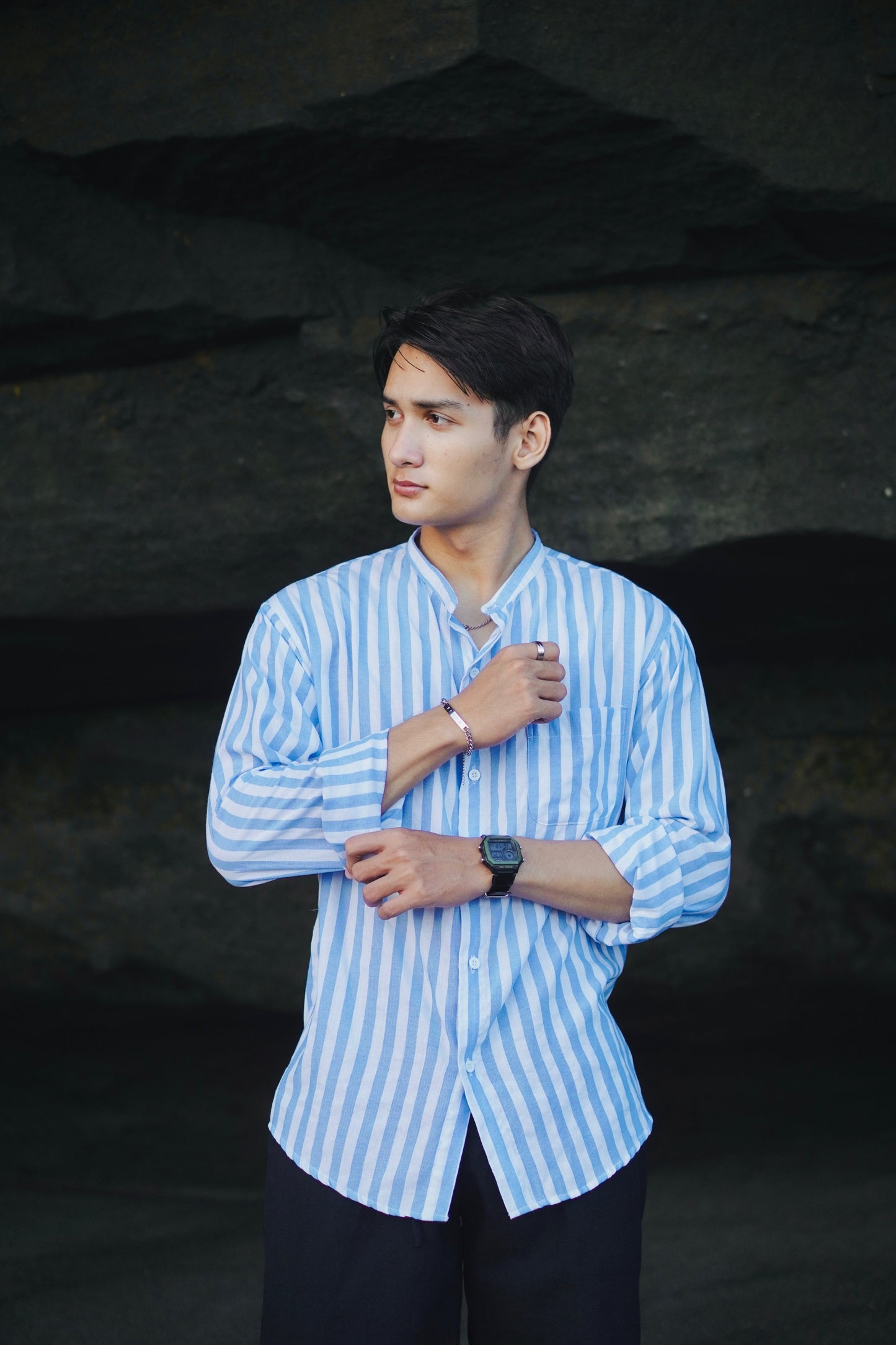 Fuji Cotton Stripes Mandarin Long Sleeve Shirt