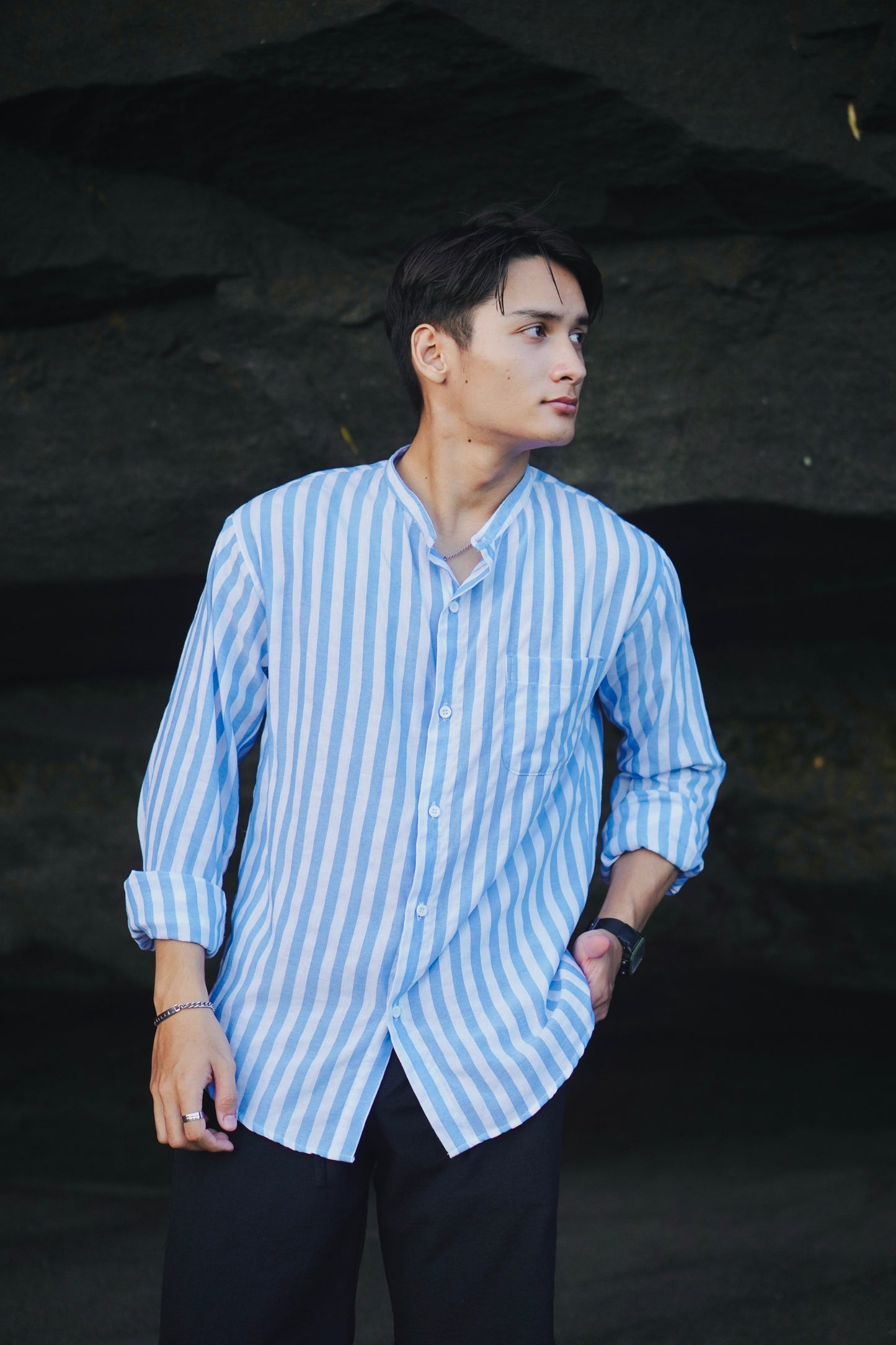 Fuji Cotton Stripes Mandarin Long Sleeve Shirt