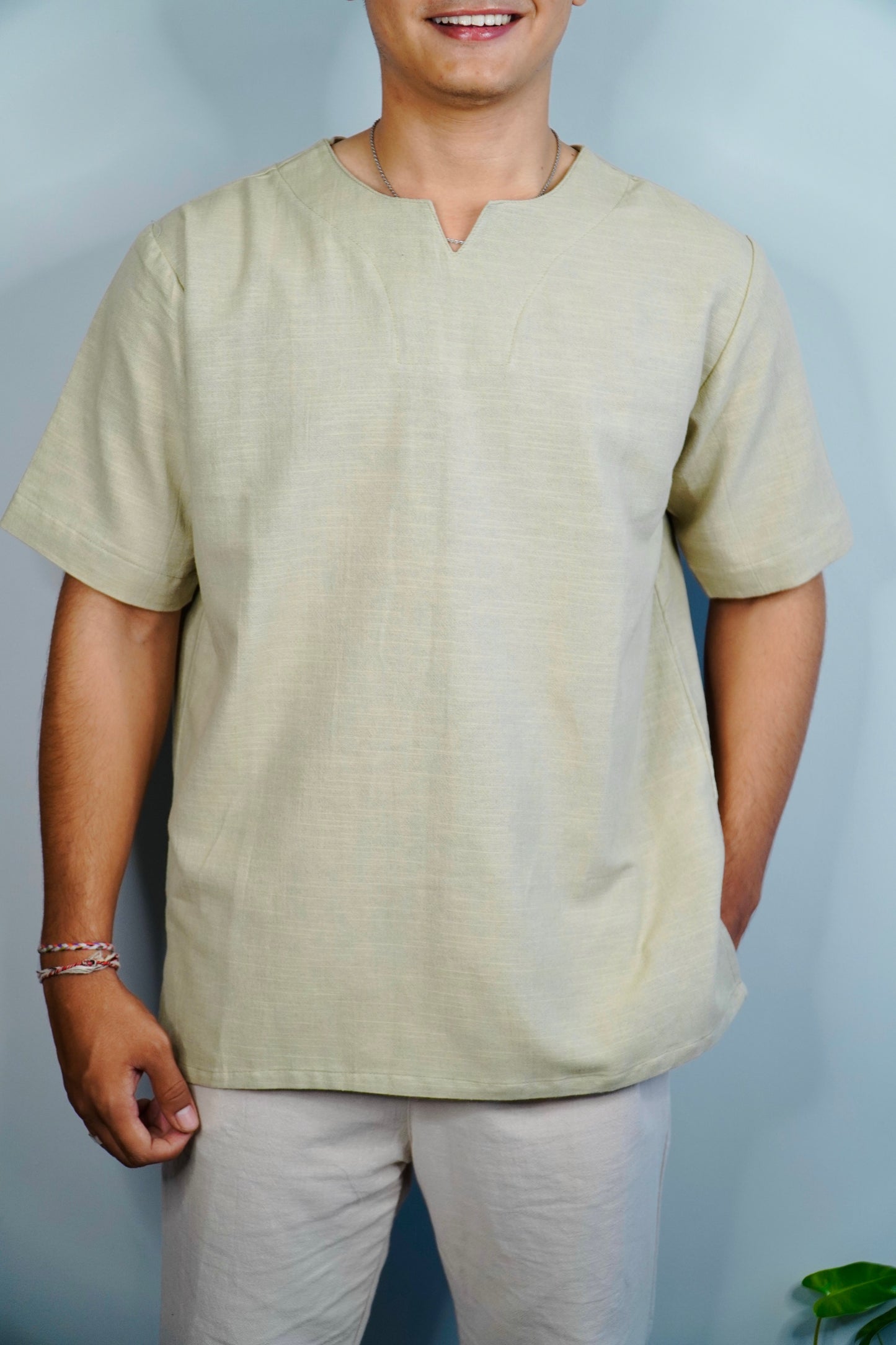 Kemeja Lengan Panjang Luca Linen Crinkle - Putih Pucat