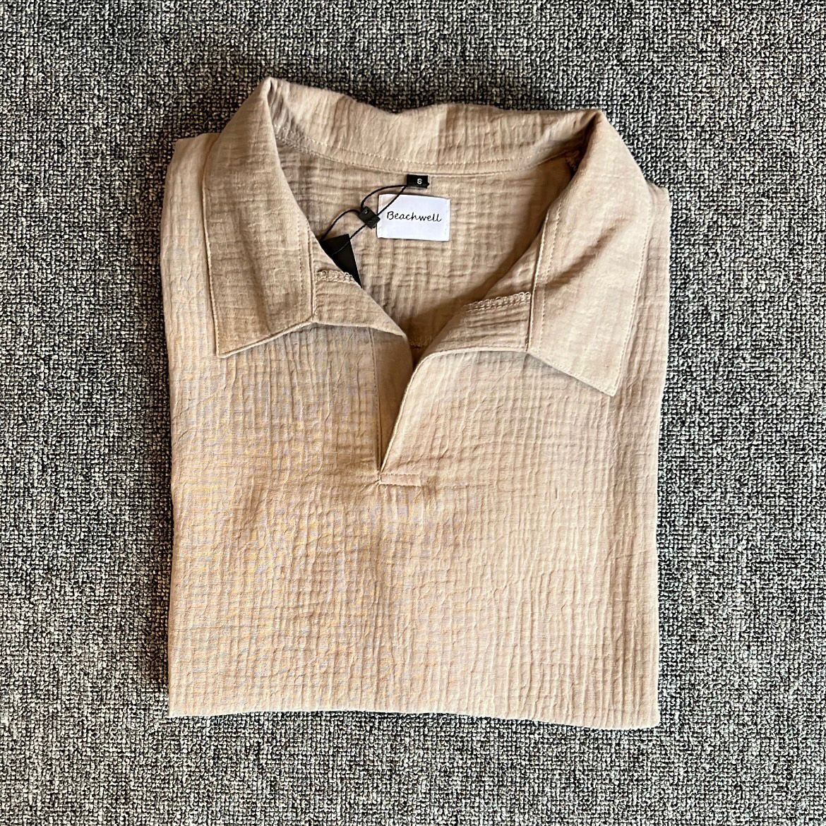 Kemeja Polo Linen Mandarin Lengan Panjang - Krem