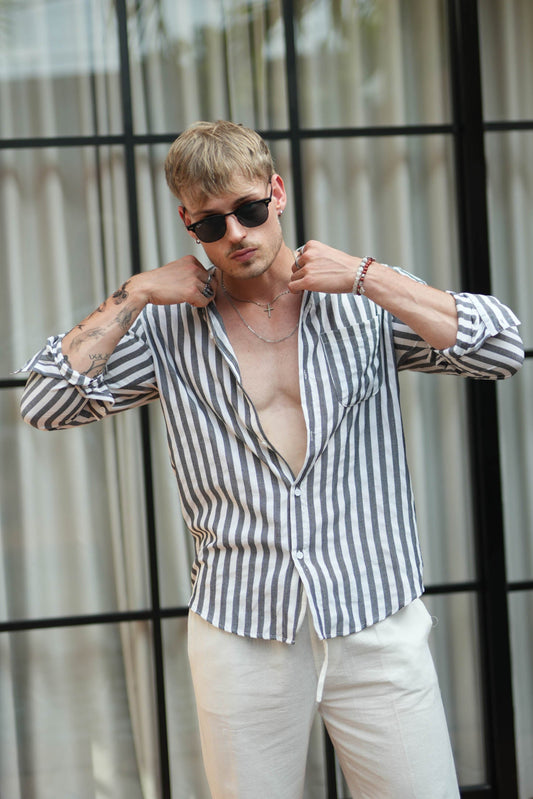 Benito Cotton Long Sleeve Shirt - Black Stripes