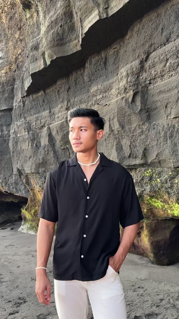 BEACHWELL Kemeja Pria Rayon Twill Polos COD - Kemeja Bowling Lengan Pendek Warna Putih, Cream, Hitam