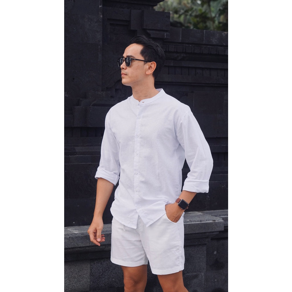 BEACHWELL Baju Kemeja Pria Fuji Kerah Shanghai Polos Lengan Panjang - Linen Rami