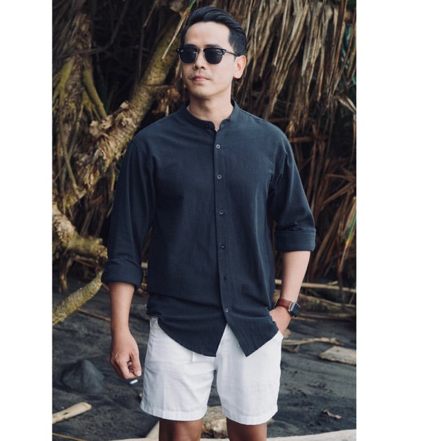 BEACHWELL Baju Kemeja Pria Fuji Kerah Shanghai Polos Lengan Panjang - Linen Rami