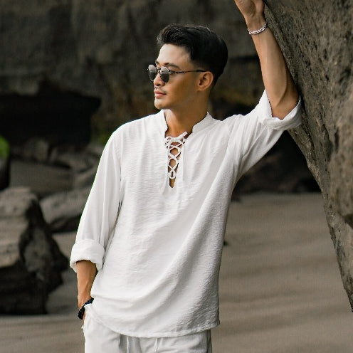 BEACHWELL Kemeja Atasan Pria Linen Lengan Panjang Kasual - Polo Rope