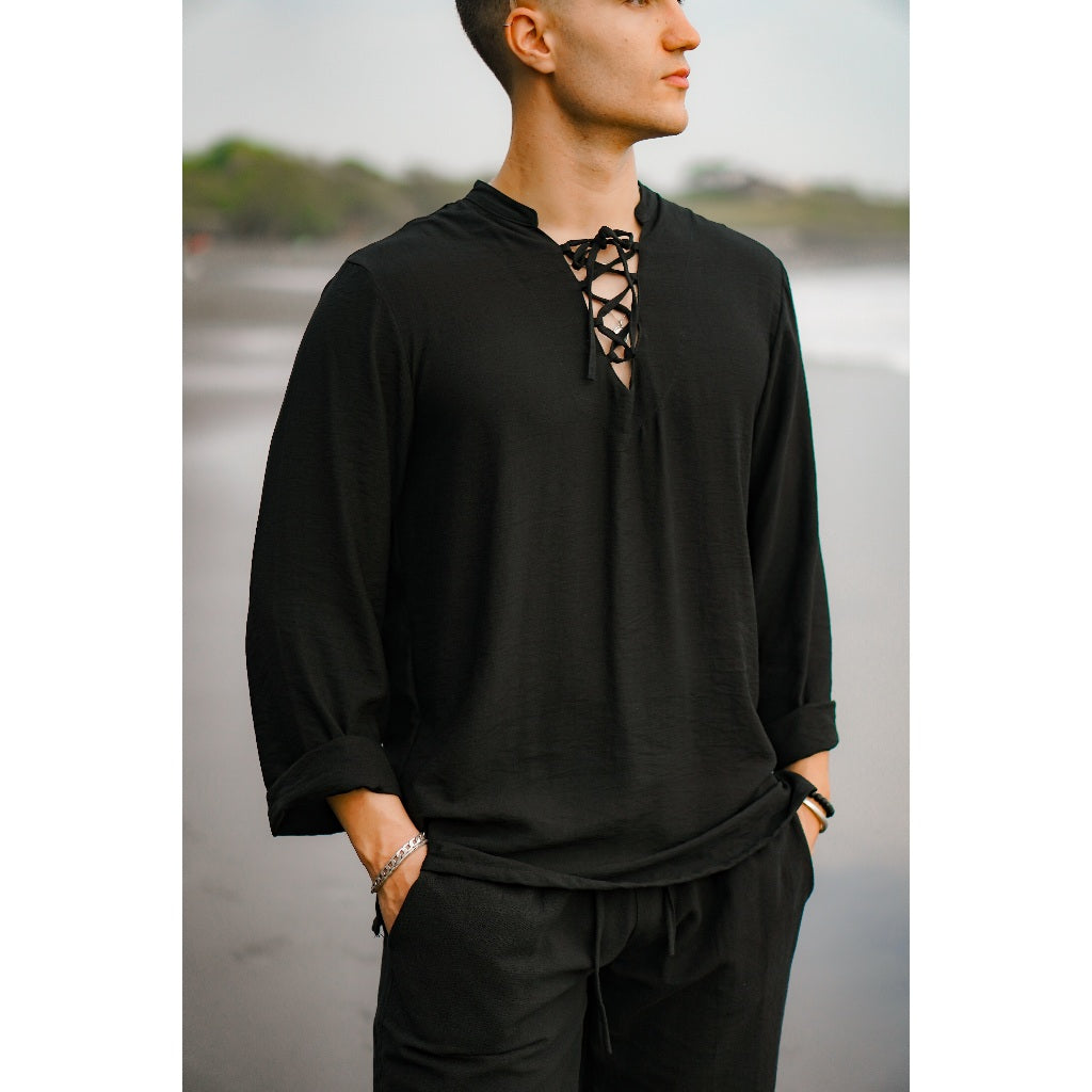 BEACHWELL Baju Kemeja Pria Tali Lengan Panjang Linen Hitam - Polo Rope Hitam