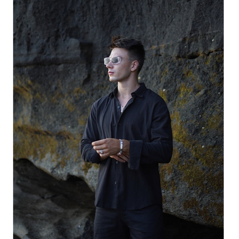 BEACHWELL Kemeja Pria Lengan Panjang Linen Krinkel Hitam Black - Kemeja Luca Series Hitam Black