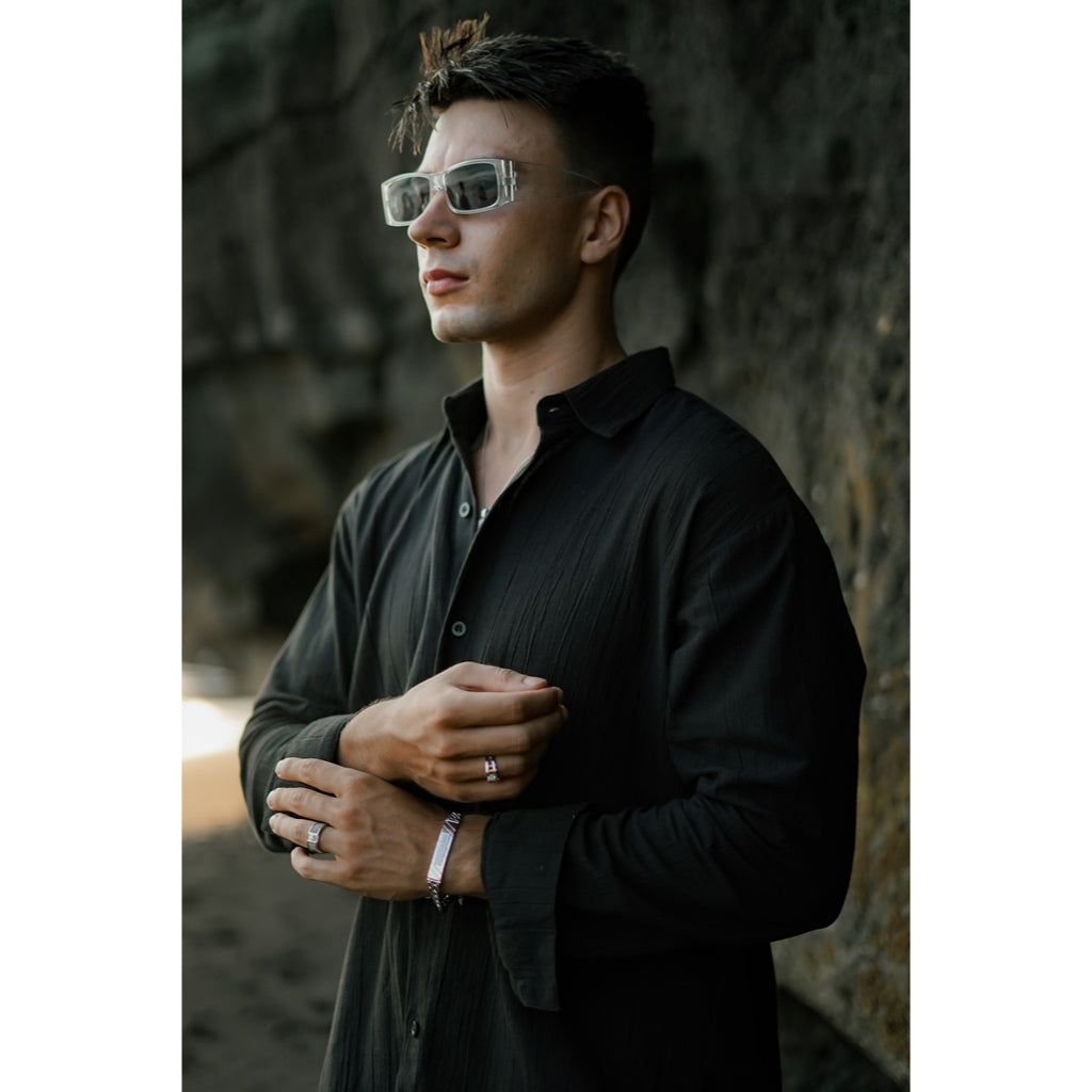 BEACHWELL Kemeja Pria Lengan Panjang Linen Krinkel Hitam Black - Kemeja Luca Series Hitam Black