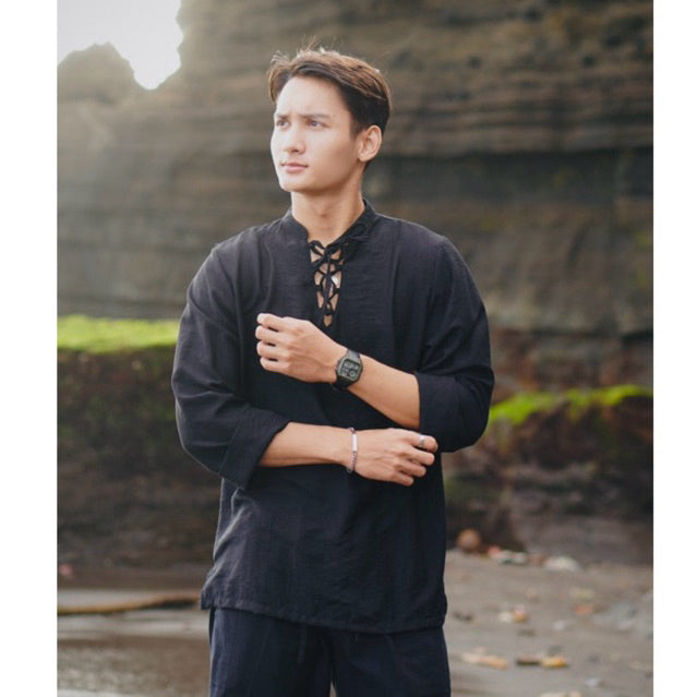 BEACHWELL Baju Kemeja Pria Tali Lengan Panjang Linen Hitam - Polo Rope Hitam
