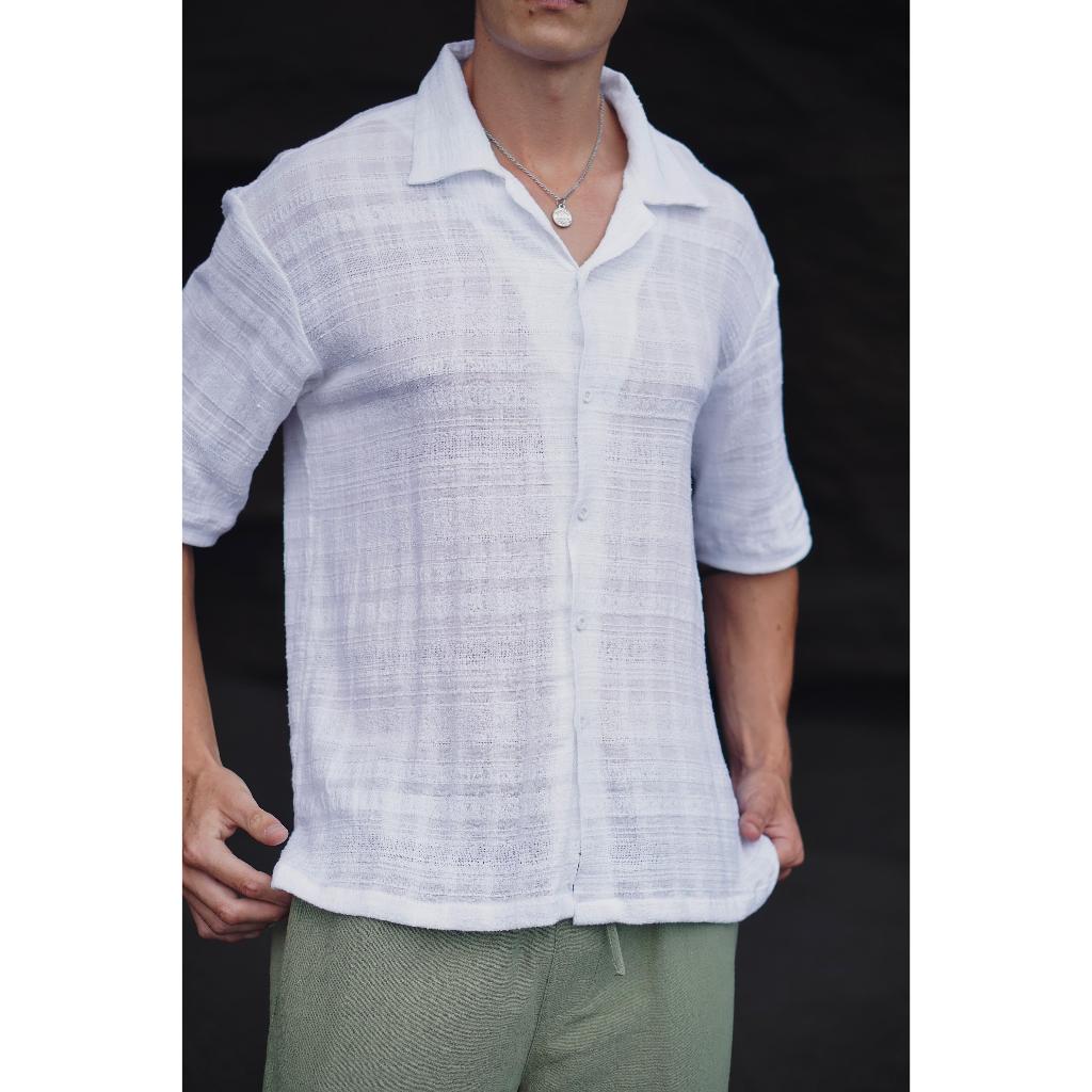 BEACHWELL Kemeja Pria Putih Katun Salur oversized Lengan Pendek - Aomo shirt