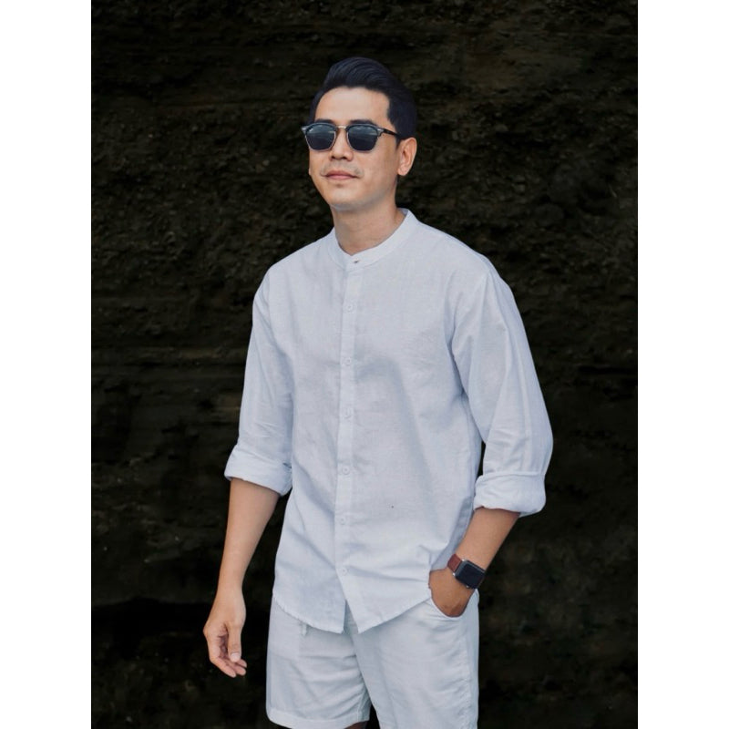 BEACHWELL Baju Kemeja Pria Fuji Kerah Shanghai Polos Lengan Panjang - Linen Rami