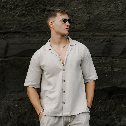 BEACHWELL Kemeja Pria Linen Lengan Pendek Model Oversized SAKALA Series Warna Cream Natural