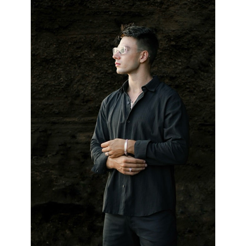 BEACHWELL Kemeja Pria Lengan Panjang Linen Krinkel Hitam Black - Kemeja Luca Series Hitam Black