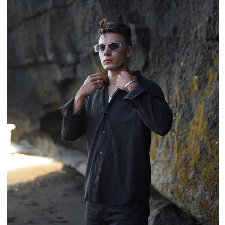 BEACHWELL Kemeja Pria Lengan Panjang Linen Krinkel Hitam Black - Kemeja Luca Series Hitam Black