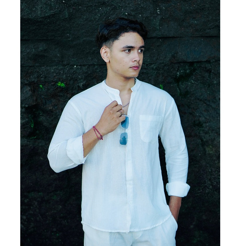 BEACHWELL Kemeja Pria Linen Kerah koko Mandarin Lengan Panjang - Kemeja Fuji Fiji Linen Keringkel
