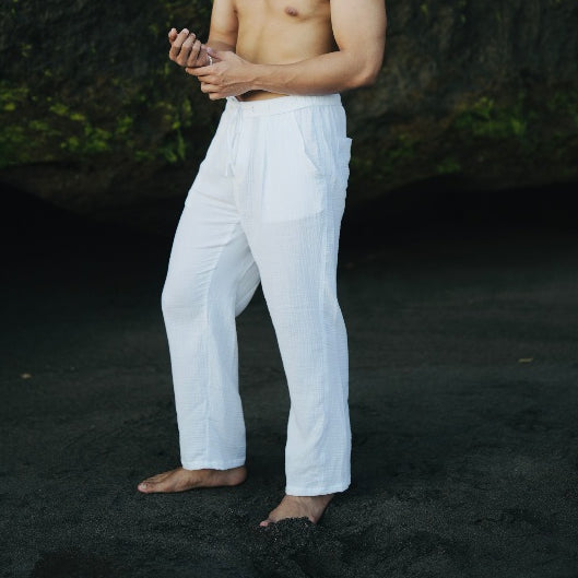BEACHWELL Celana Panjang Putih Pria - Rosalia Series Loose Straight Pants - Celana Pantai Putih Pria