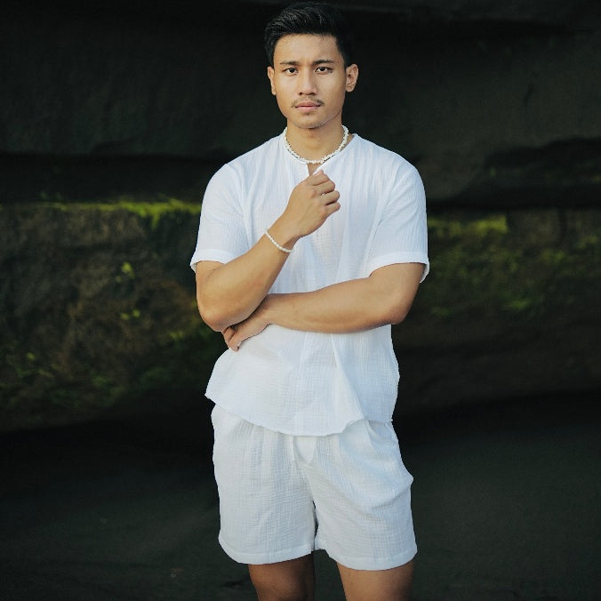 BEACHWELL Celana Pendek Pria Putih Polos - Rosalia Series - Model Loose Celana Pantai Putih Pria
