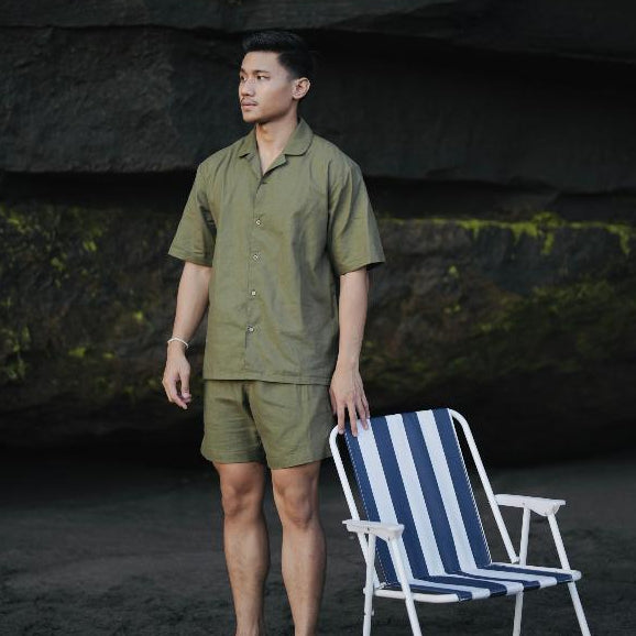 BEACHWELL SATU SET LINEN PRIA CELANA PENDEK + BAJU KEMEJA - LINEN MARCO SERIES