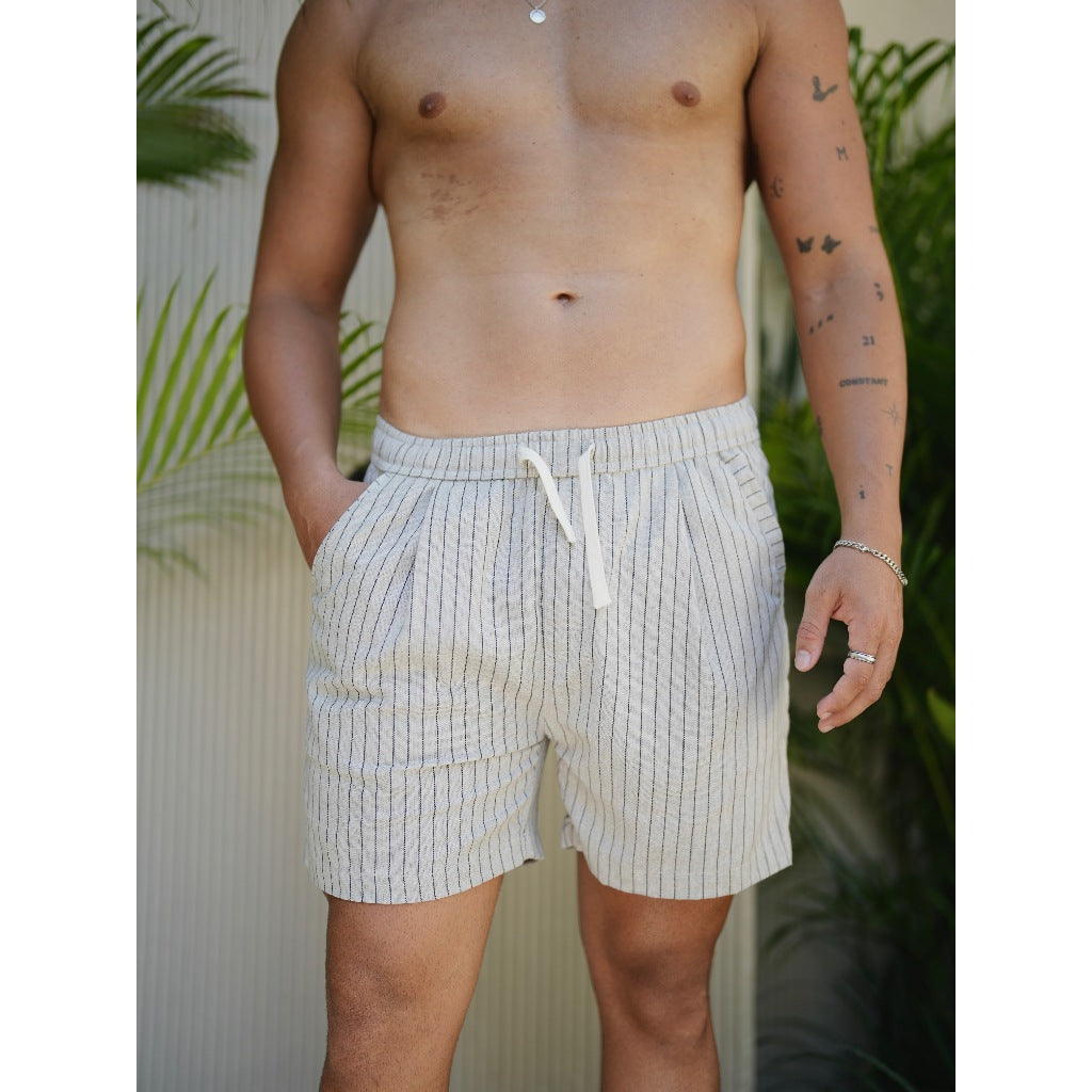 BEACHWELL Celana Pendek Pria Linen Stripes Garis Katun - Bozzaline Short Series All Varians