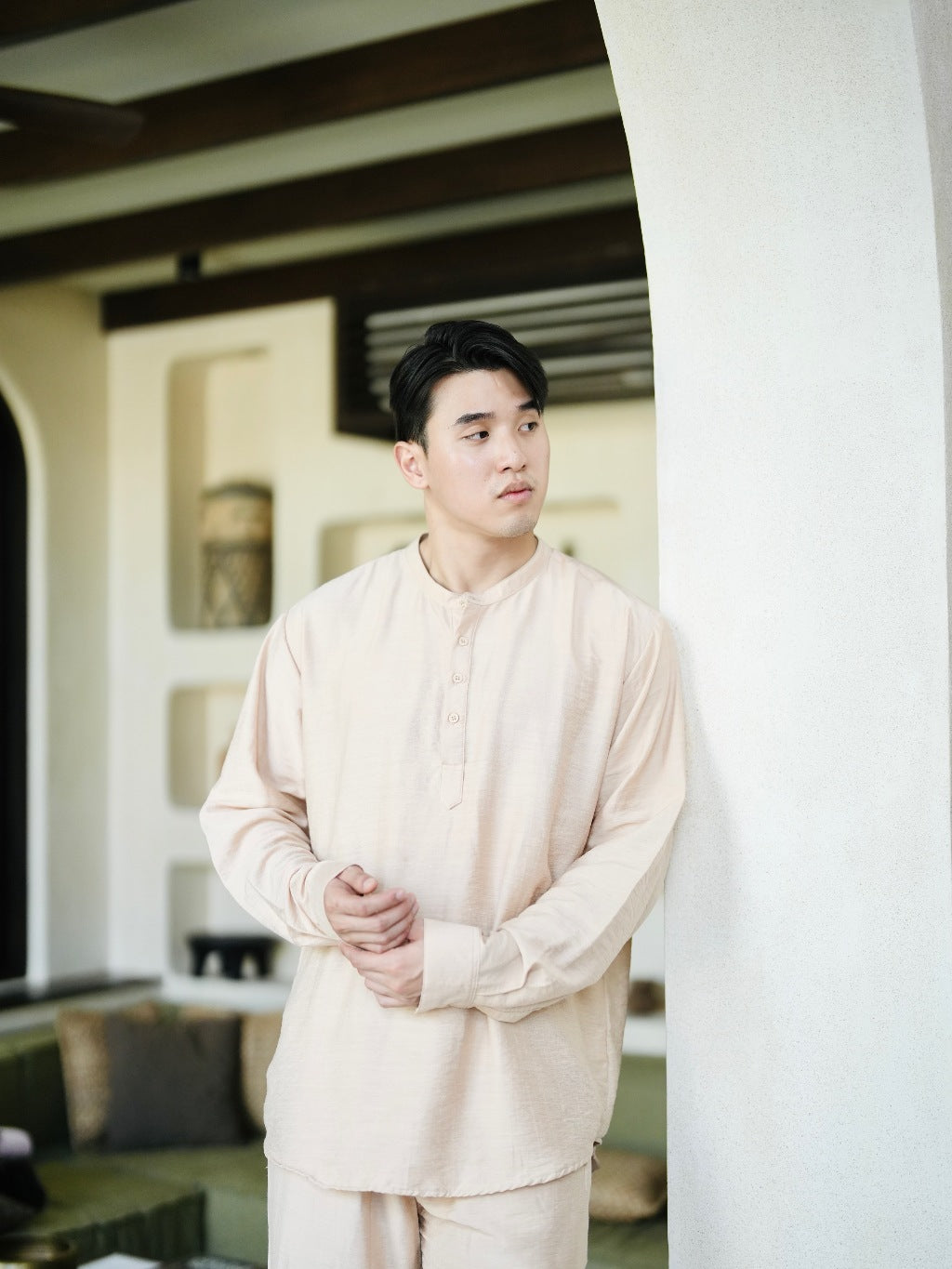 BEACHWELL Kemeja Pria POLO Linen Mandarin Series Kerah Shanghai Lengan Panjang Putih White All Color
