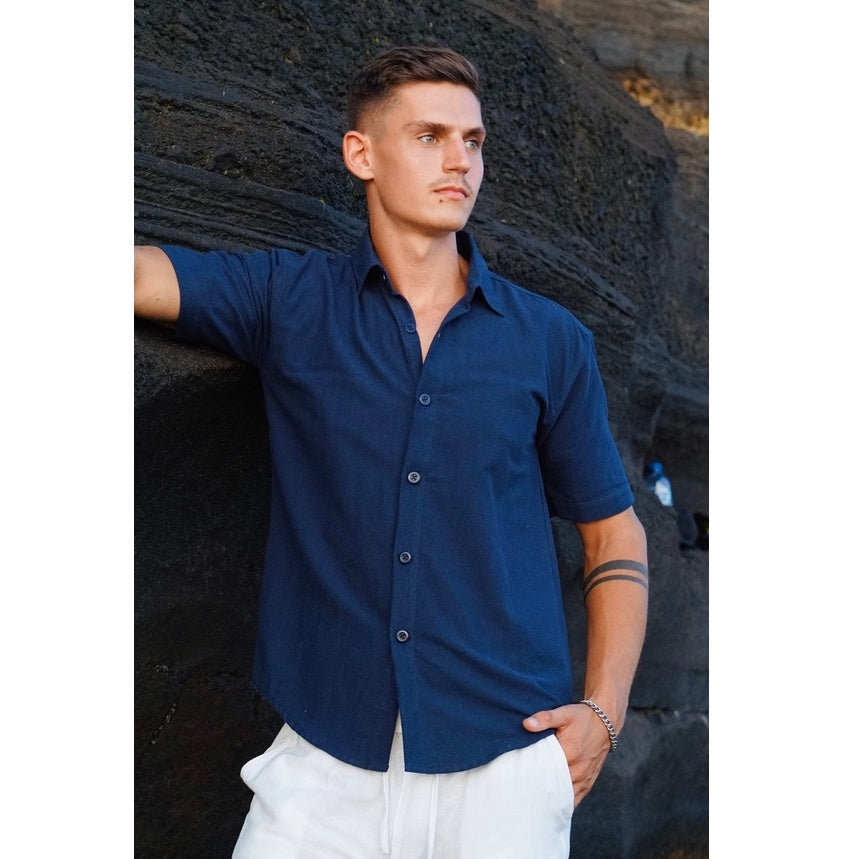 BEACHWELL Kemeja Pria Linen Lengan Pendek Katun - Canggu Series - Biru Navy