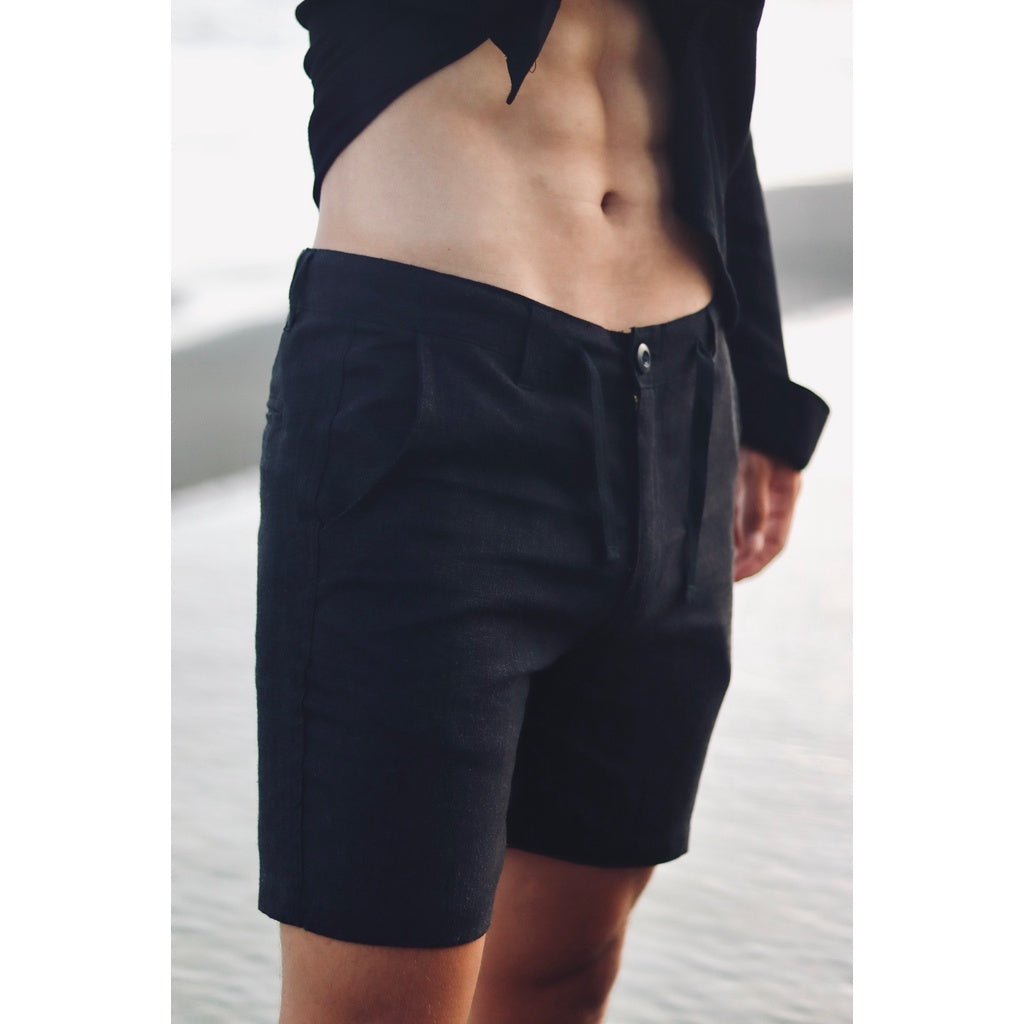 BEACHWELL Celana Pendek Pria Linen Rayon Polos - Hitam Black