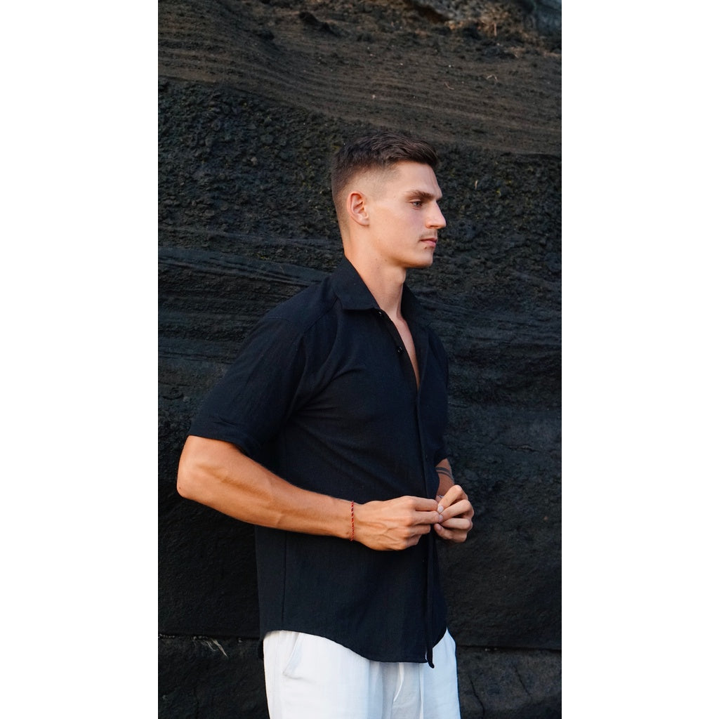 BEACHWELL Kemeja Pria Linen Katun Lengan Pendek - Canggu Series - Hitam Black
