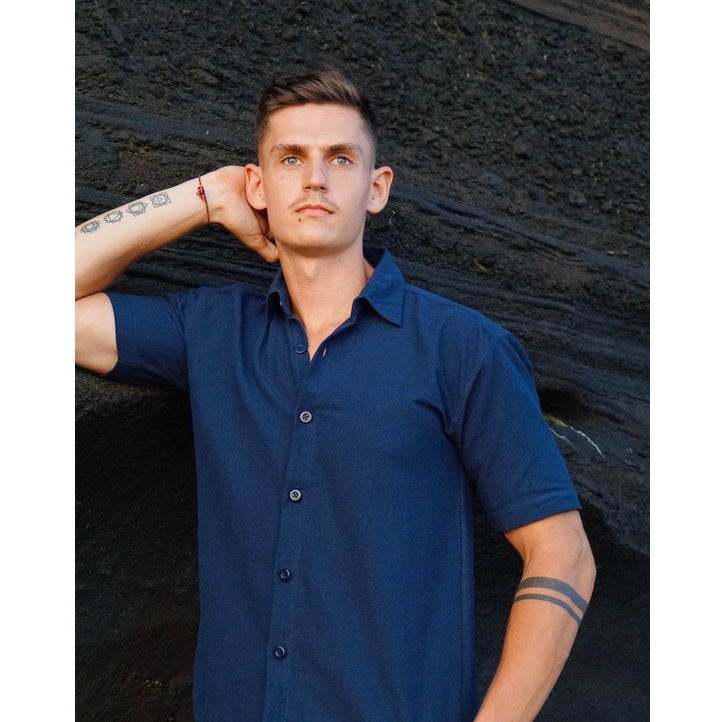 BEACHWELL Kemeja Pria Linen Lengan Pendek Katun - Canggu Series - Biru Navy