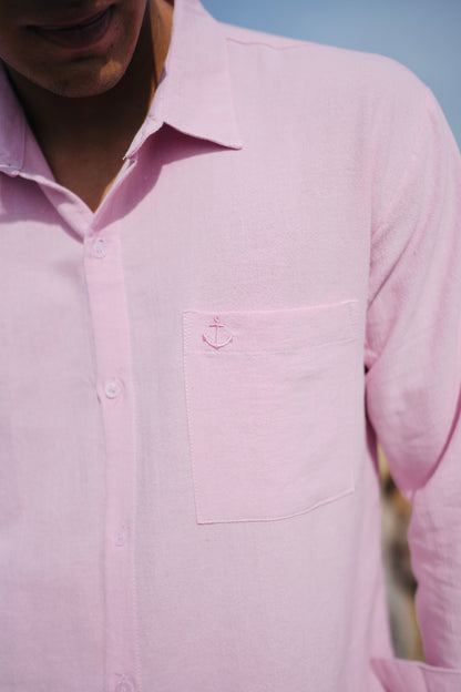 Linen Anchor Embro Long Sleeve Shirt - Off White, Black, Cream, Brown, Light Blue, Dusty Pink