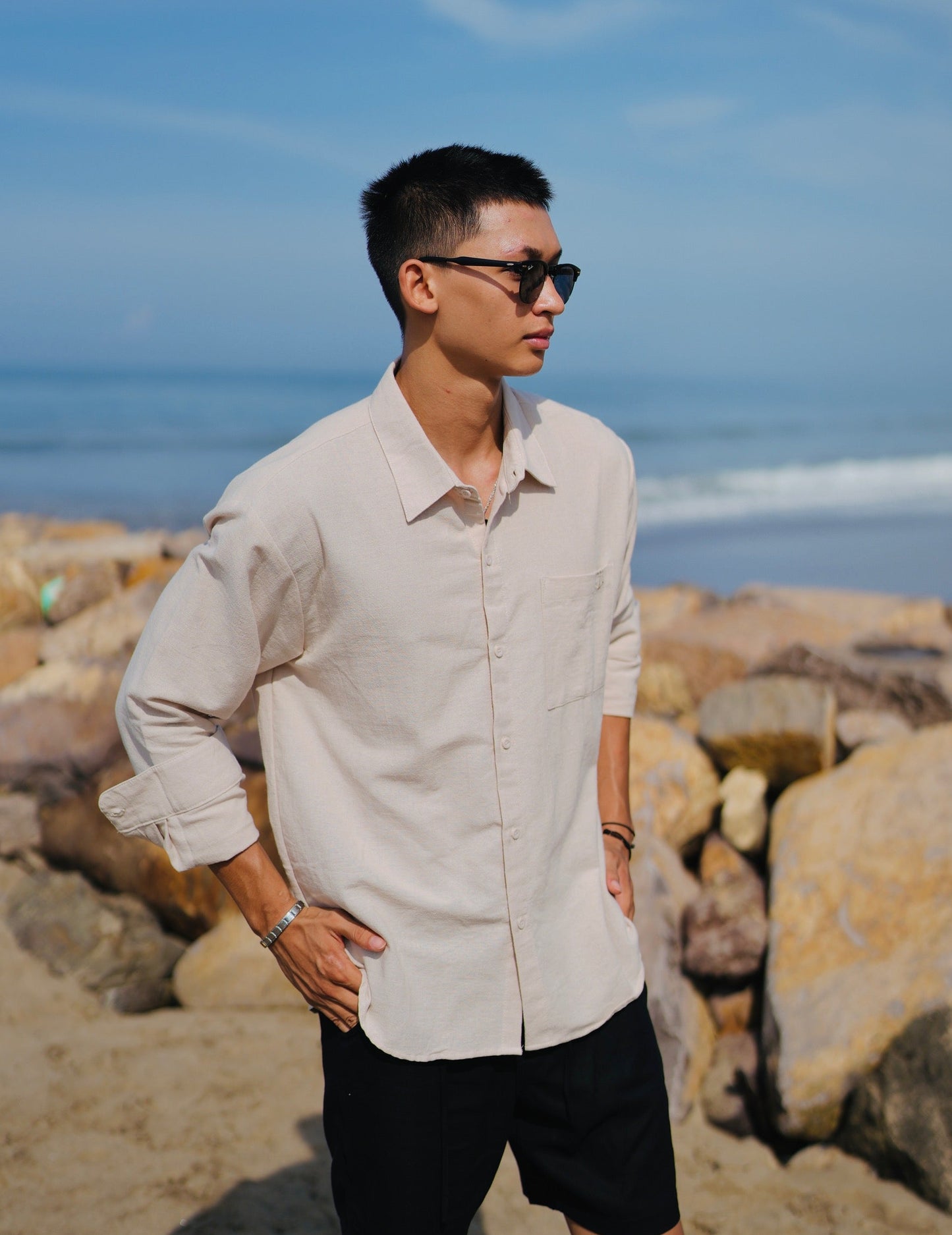 Linen Anchor Embro Long Sleeve Shirt - Off White, Black, Cream, Brown, Light Blue, Dusty Pink