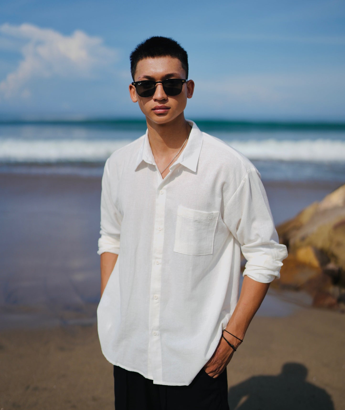 Linen Anchor Embro Long Sleeve Shirt - Off White, Black, Cream, Brown, Light Blue, Dusty Pink