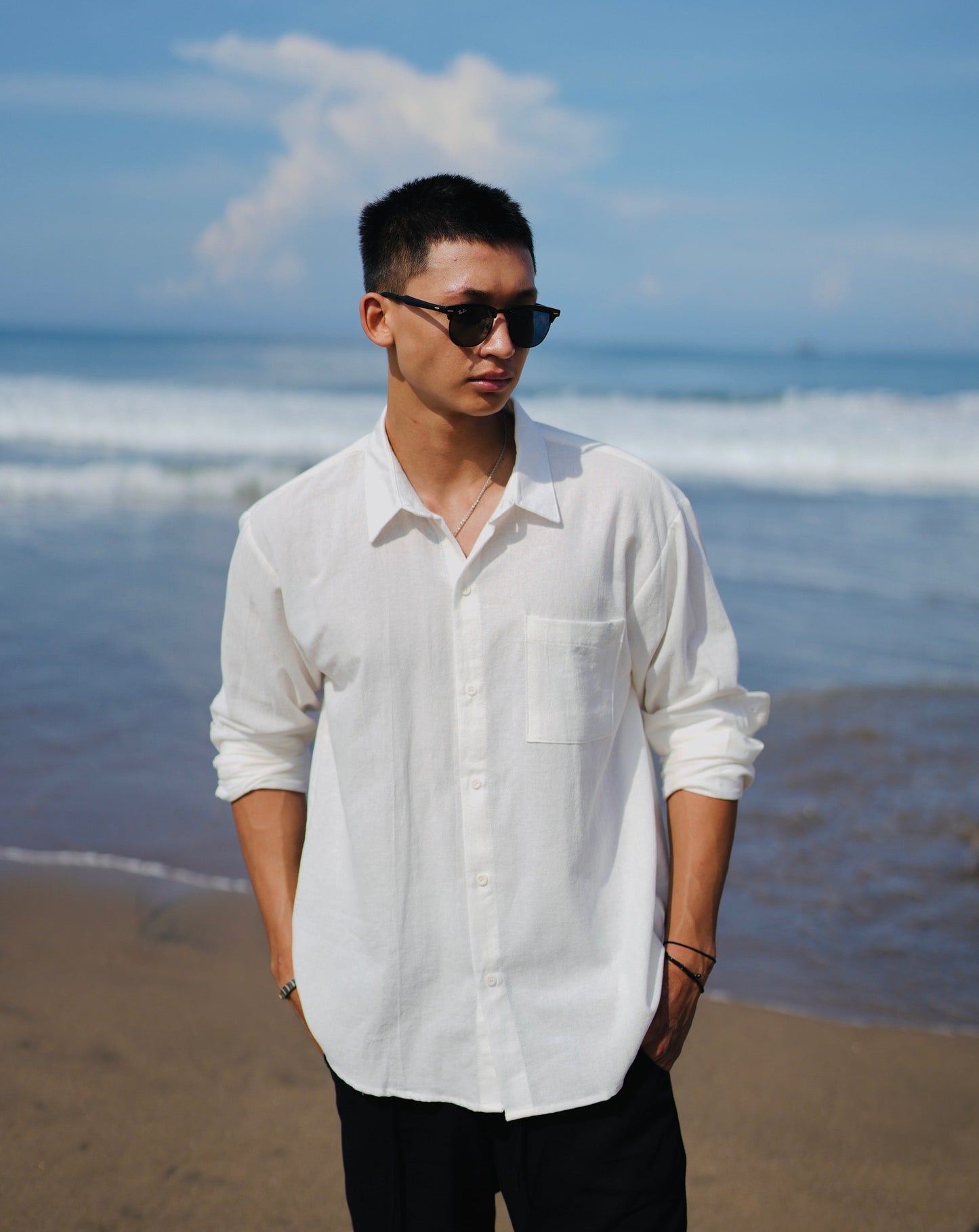 Linen Anchor Embro Long Sleeve Shirt - Off White, Black, Cream, Brown, Light Blue, Dusty Pink