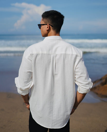 Linen Anchor Embro Long Sleeve Shirt - Off White, Black, Cream, Brown, Light Blue, Dusty Pink