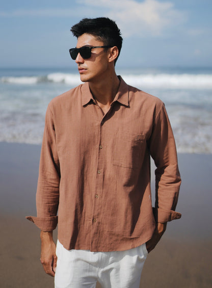 Linen Anchor Embro Long Sleeve Shirt - Off White, Black, Cream, Brown, Light Blue, Dusty Pink