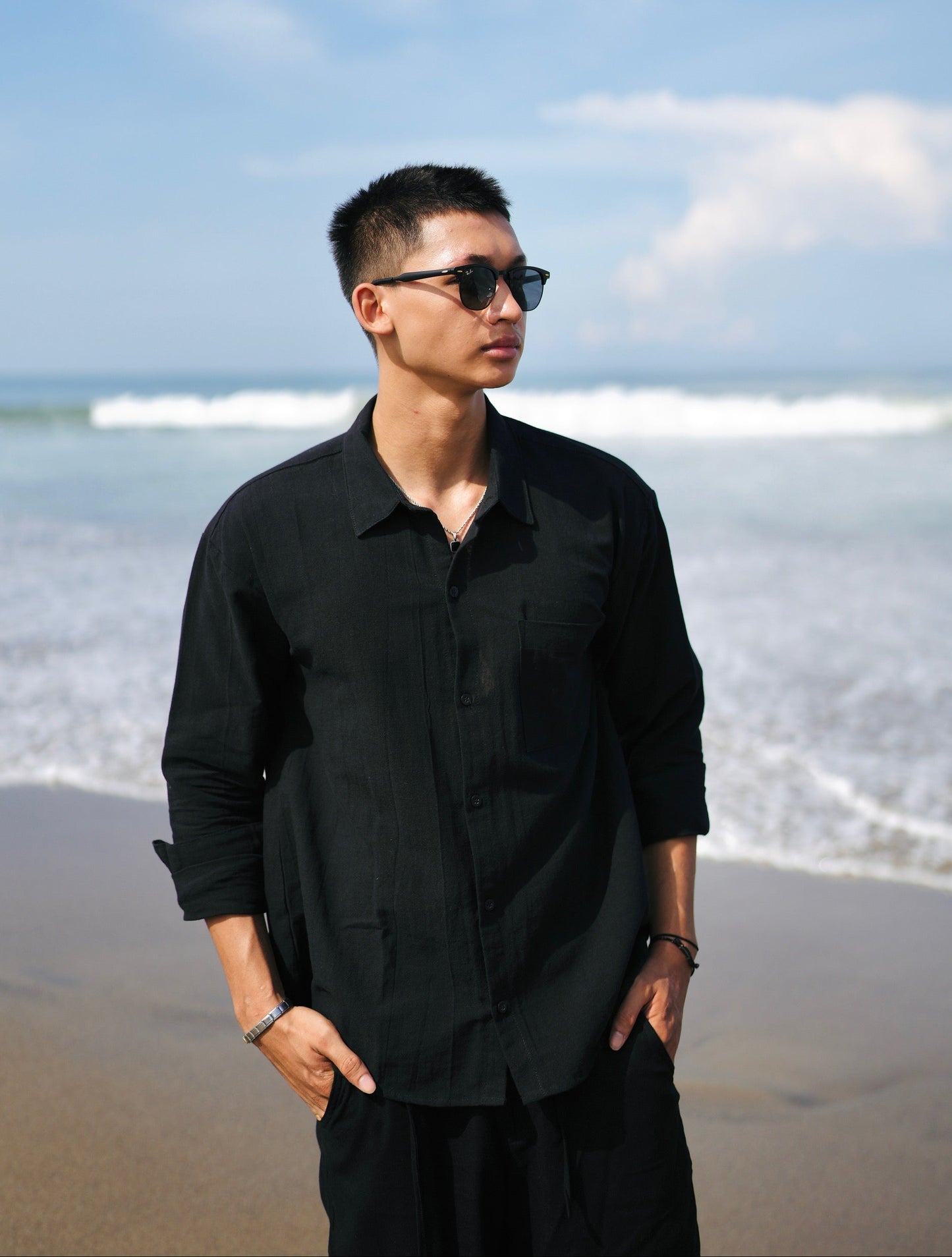 Linen Anchor Embro Long Sleeve Shirt - Off White, Black, Cream, Brown, Light Blue, Dusty Pink