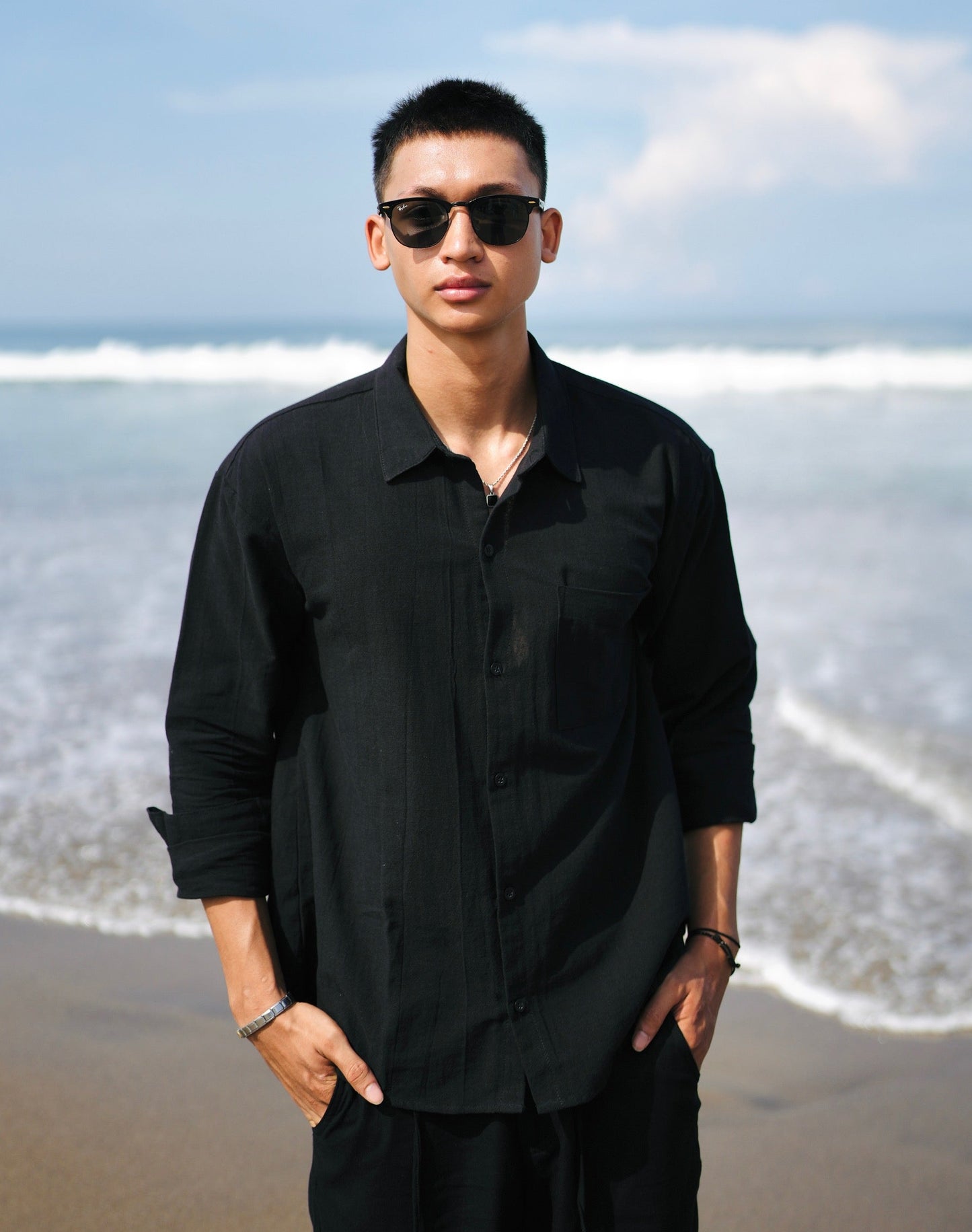 Linen Anchor Embro Long Sleeve Shirt - Off White, Black, Cream, Brown, Light Blue, Dusty Pink