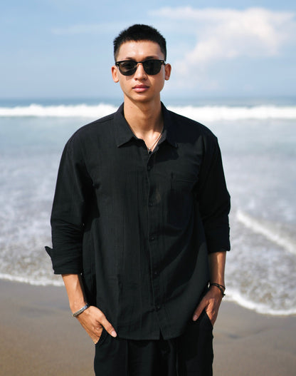 Linen Anchor Embro Long Sleeve Shirt - Off White, Black, Cream, Brown, Light Blue, Dusty Pink