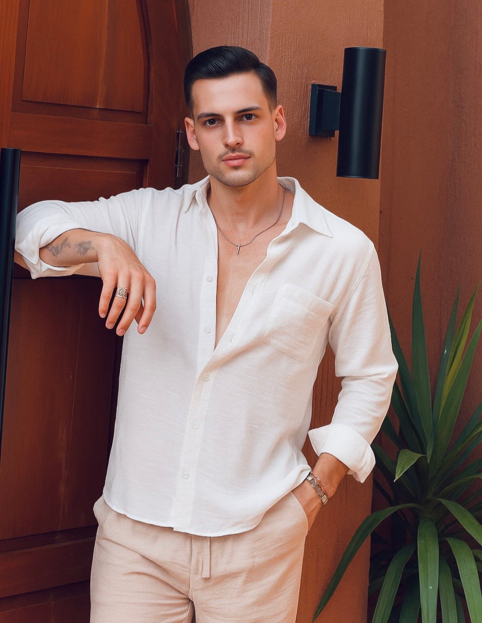 Joda Polo Linen Long Sleeve Shirt - Broken White, Black, Cream, Brown Bronze, Grey