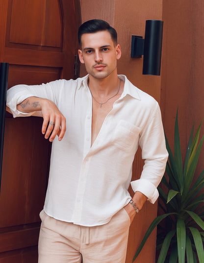 Joda Polo Linen Long Sleeve Shirt - Broken White, Black, Cream, Brown Bronze, Grey