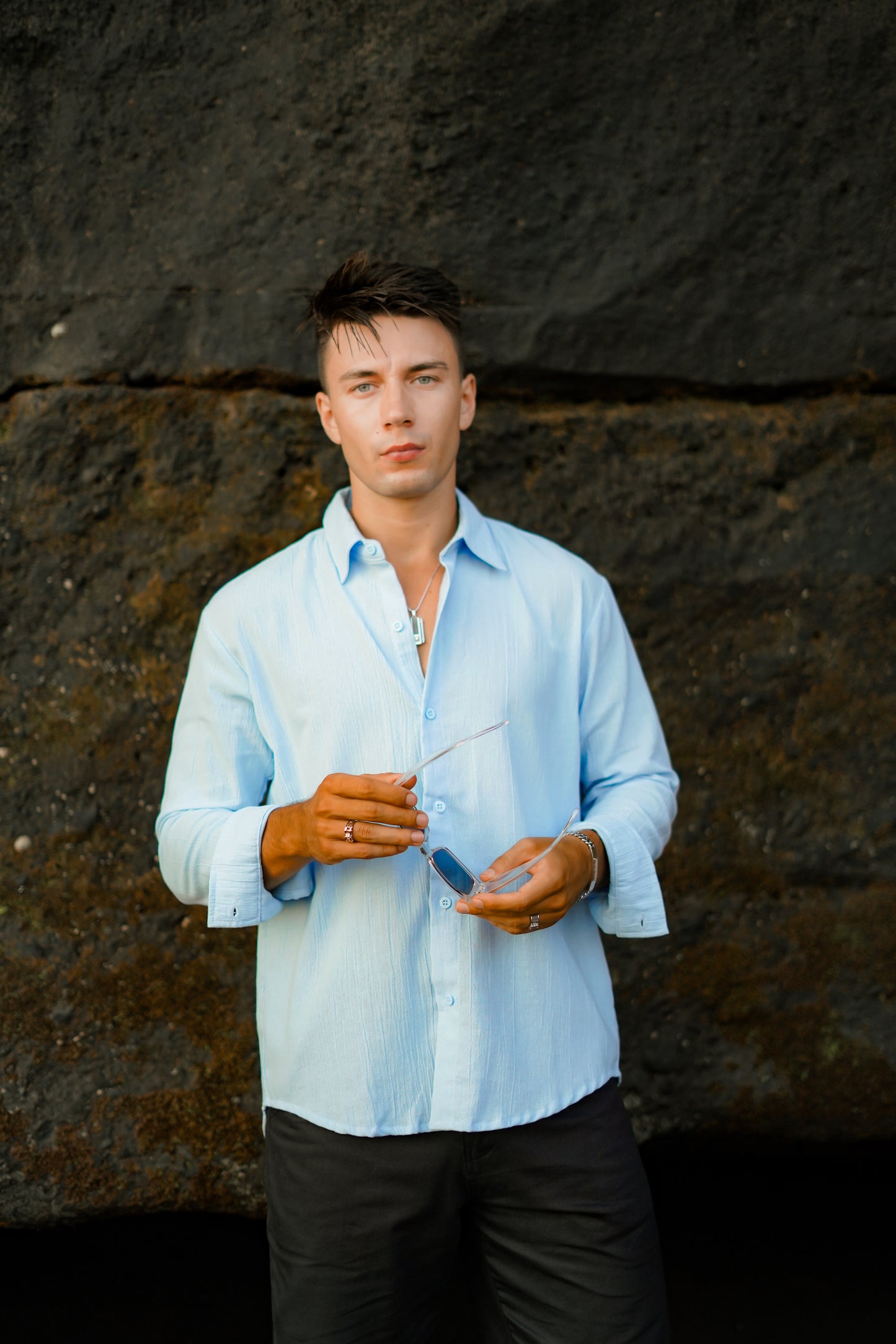 Luca Linen Crinkle Long Sleeve Shirt - 6 Colors (Broken White, Black, Cream, Light Blue, Green, Brown)