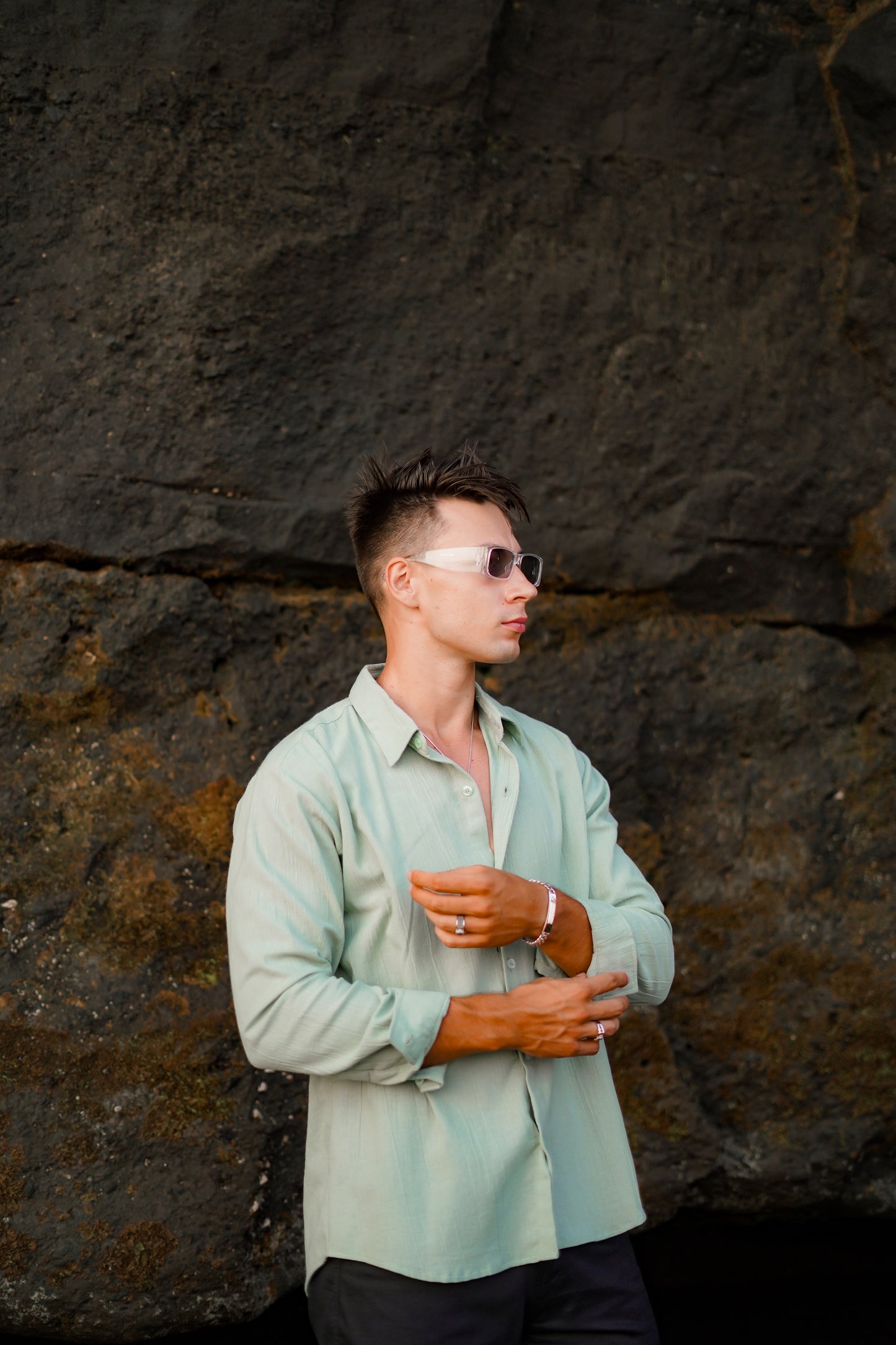 Luca Linen Crinkle Long Sleeve Shirt - 6 Colors (Broken White, Black, Cream, Light Blue, Green, Brown)