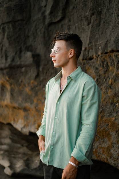 Luca Linen Crinkle Long Sleeve Shirt - 6 Colors (Broken White, Black, Cream, Light Blue, Green, Brown)