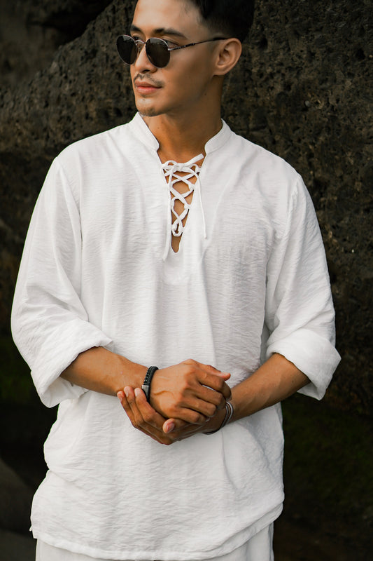 Kemeja Polo Tali Linen Lengan Panjang - Putih Rusak