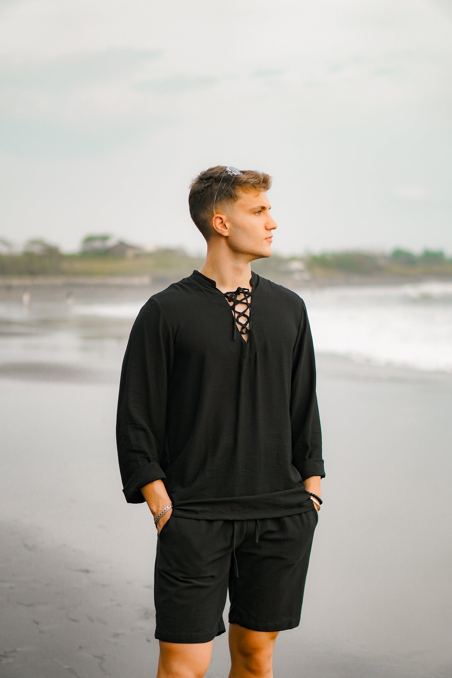 Kemeja Polo Tali Linen Lengan Panjang - Putih Rusak