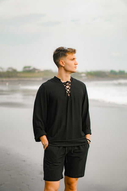 Kemeja Polo Tali Linen Lengan Panjang - Putih Rusak