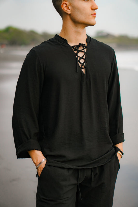 Kemeja Polo Tali Linen Lengan Panjang - Putih Rusak